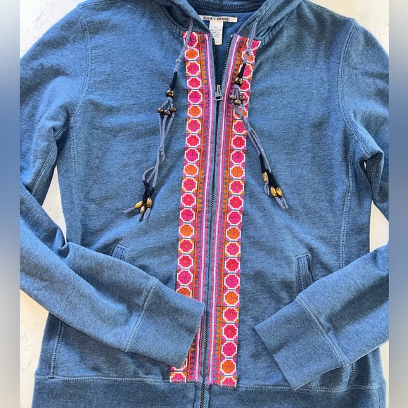 Lucky Brand Tops - Lucky Brand Blue Zip Hoodie with Pink & Orange Embroidered Trim & Beaded String
